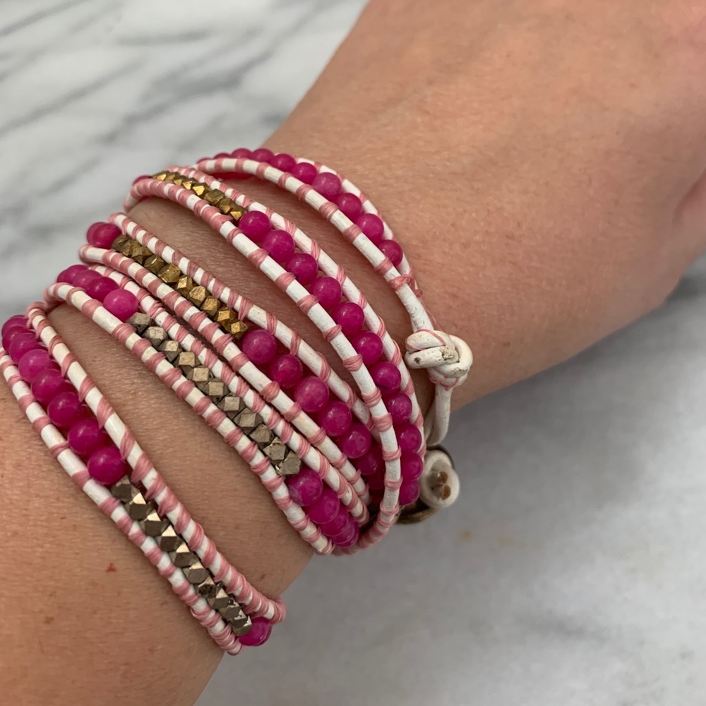 Handmade Leather Wrapped Bracelet White/pink